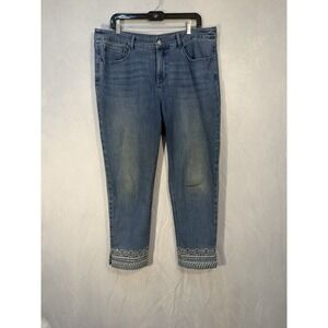 soft surroundings Tribal Embroidered Denim Stretch Blue Jeans Bling Cuffs S-16